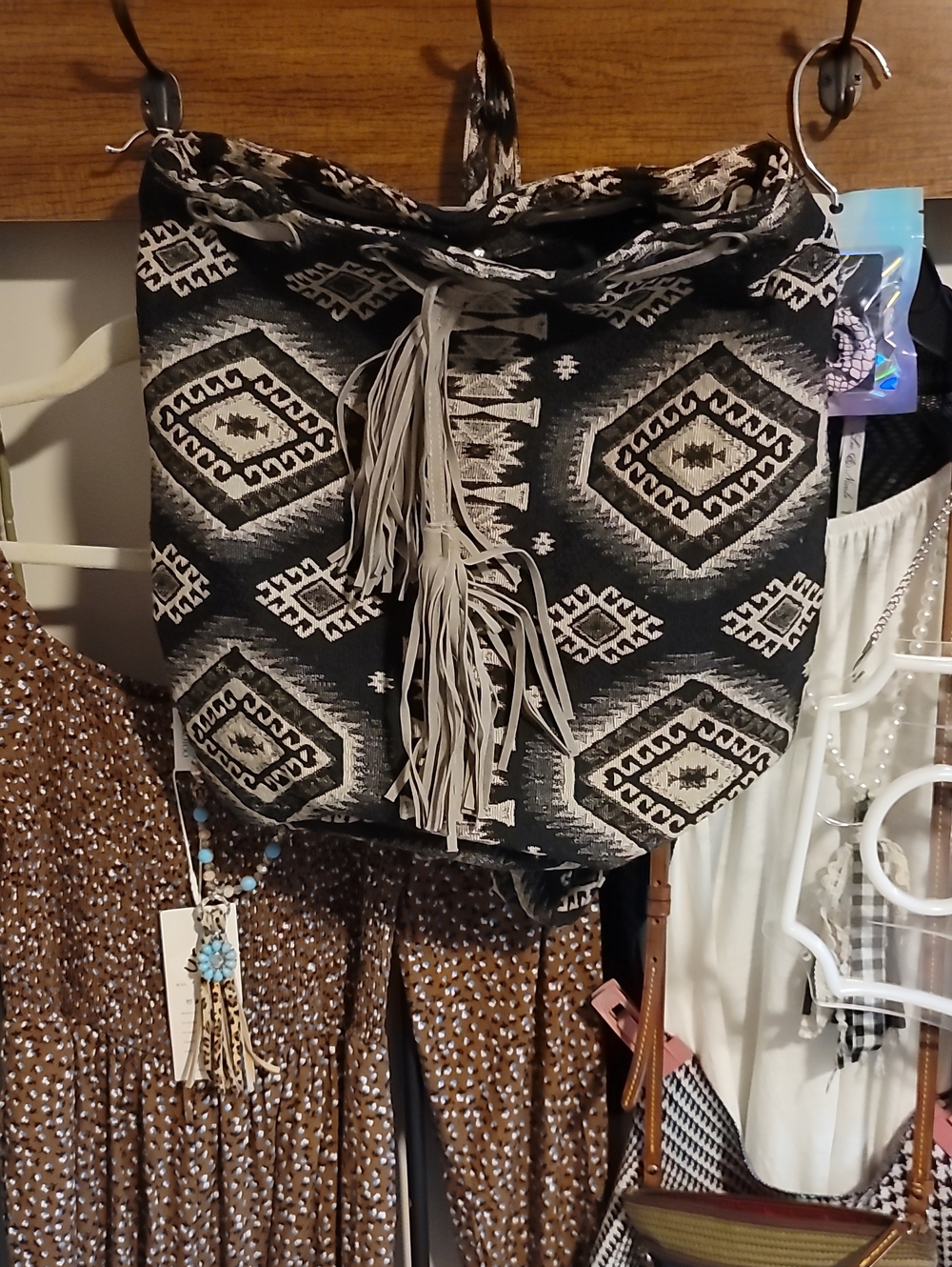 Boho Fringe Aztec Shoulder Bag in Black & Cream